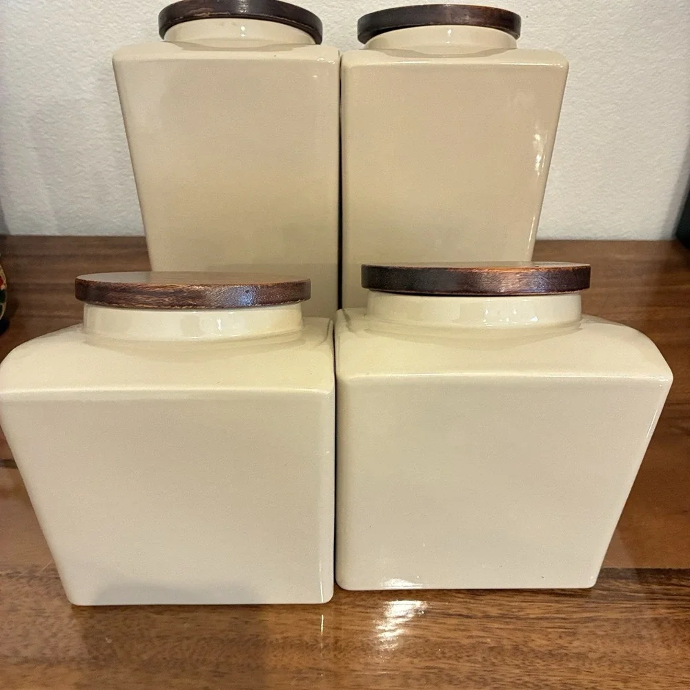 Vintage Hyalyn USA Mid-Century Modern Wildflowers Canister Set of 4 Wooden Lids
